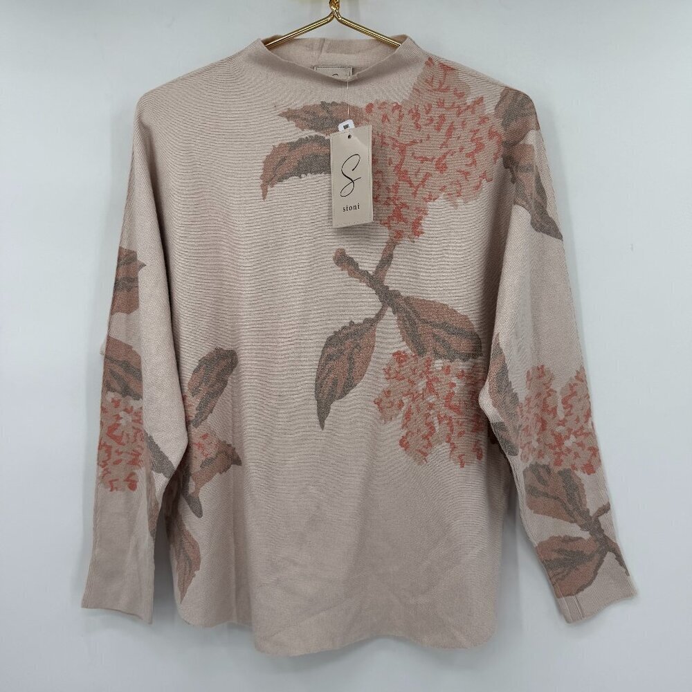 Sioni Neutral Floral Knit Sweater Women Medium Beige Blush Lightweight NWT